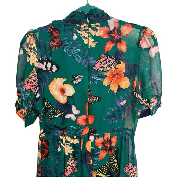 Green Floral Butterflies Mock Neck Sheer Short Sleeve Ruffle Maxi Dress Small - Picture 6 of 10